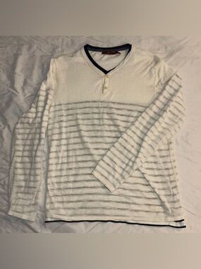 7 For All Mankind White Long-Sleeve Striped Henley with Navy Trim